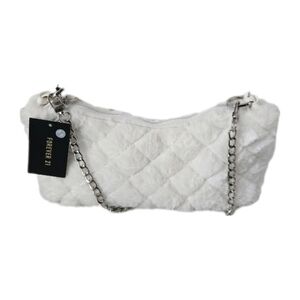 Forever 21 White Faux Fur Quilted Shoulder Bag Silver Chain Purse NWT